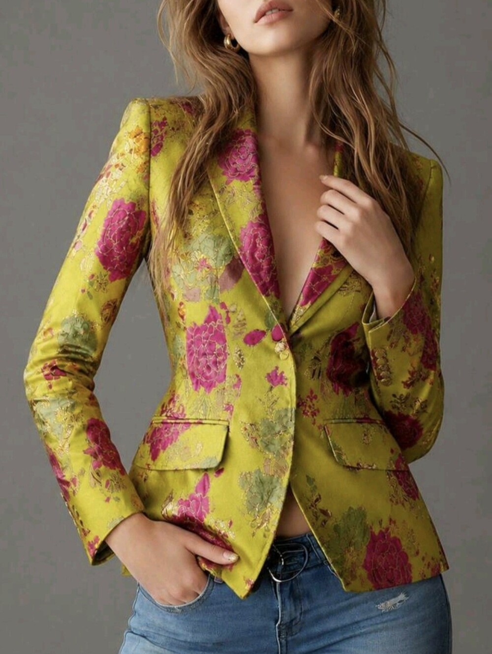Women Floral Jacquard Blazer Jacket, Lapel Collar Long Sleeve Slim Fit Suit Coat